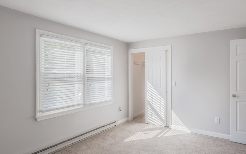 Empty bedroom with dual large window.